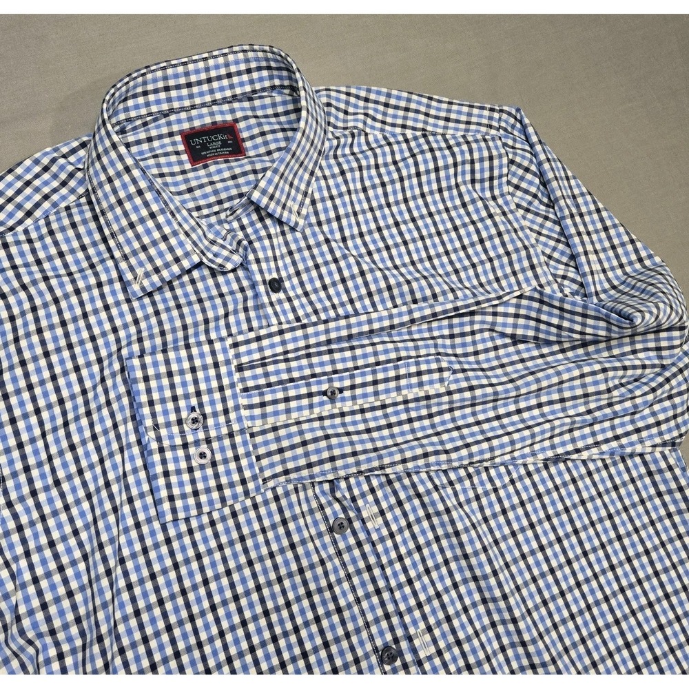 Blue White Gingham‎ UNTUCKit Long Sleeve Button Down Shirt Mens Large Slim Fit